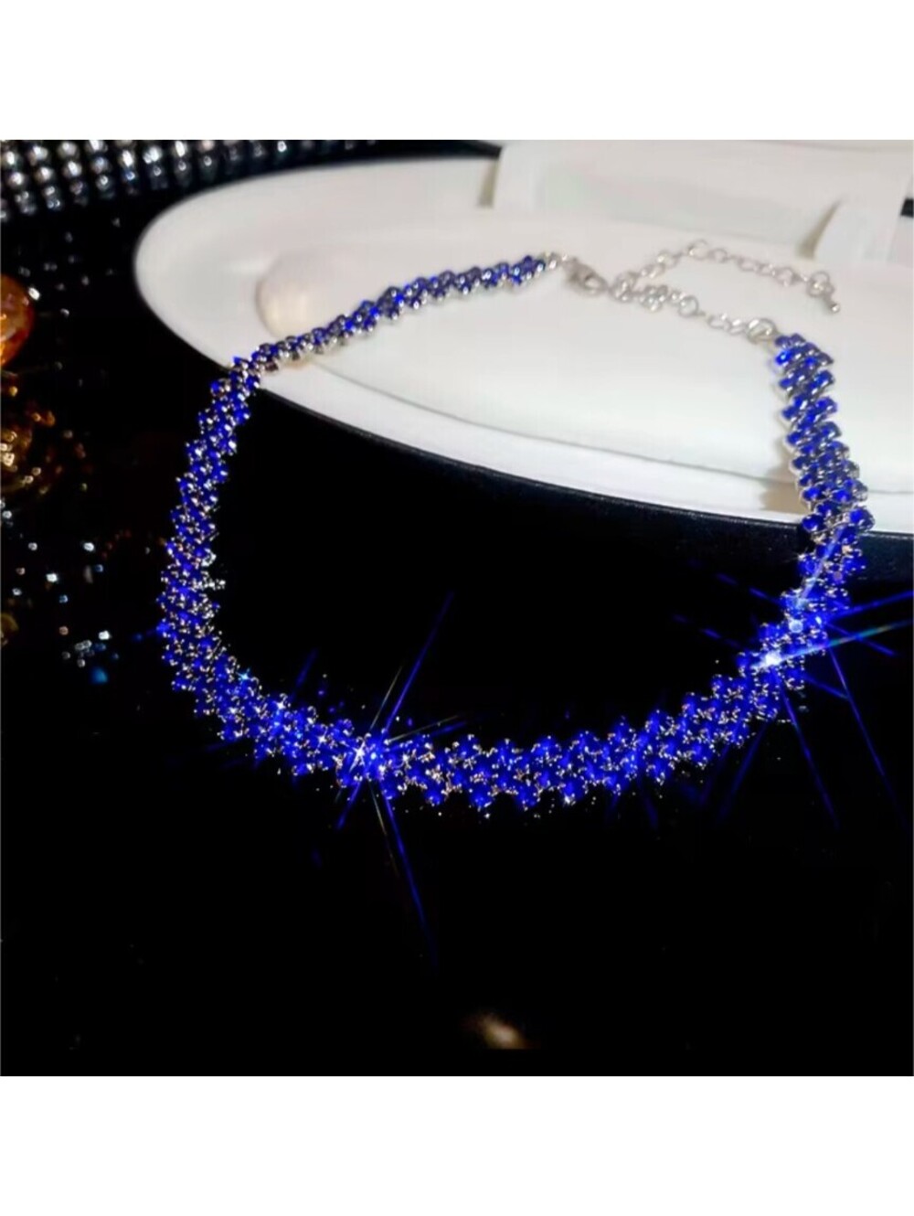 Moissanite simulated choker chain blue women, iced out necklace silver color